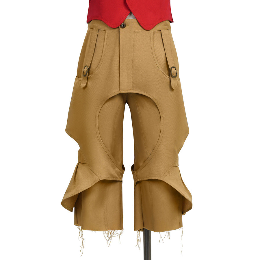 Front view of the tan pirate pants with cutout design and side buckle rings in Luffy cosplay costume.