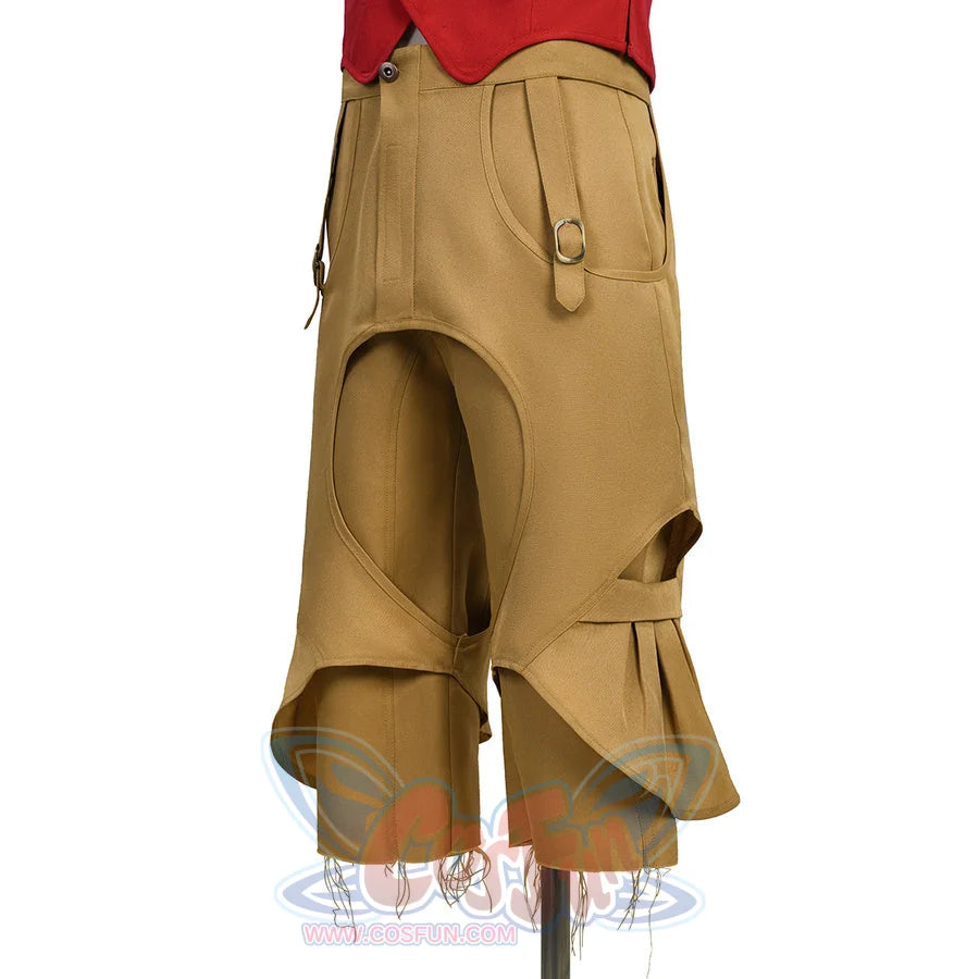 Side view of the tan pirate pants with buckle and cutout detail from the Luffy cosplay costume.