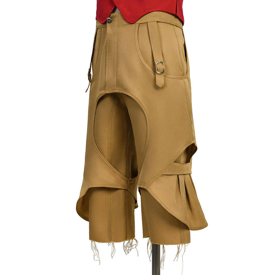Side view of the tan pirate pants with buckle and cutout detail from the Luffy cosplay costume.