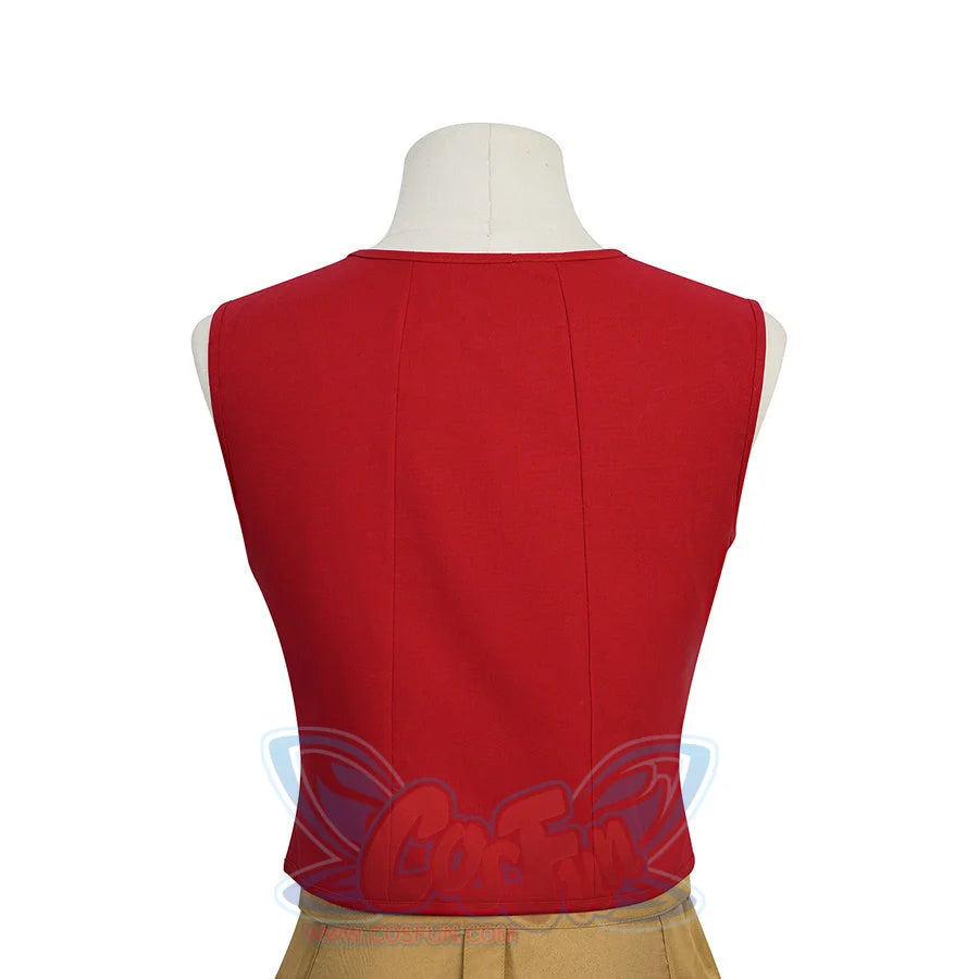Close-up back view of the red sleeveless vest included in the Luffy cosplay costume.
