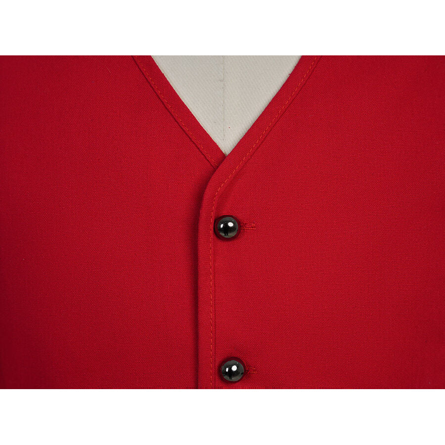 Close-up of the V-neckline and black buttons on the red vest of the Luffy cosplay costume.