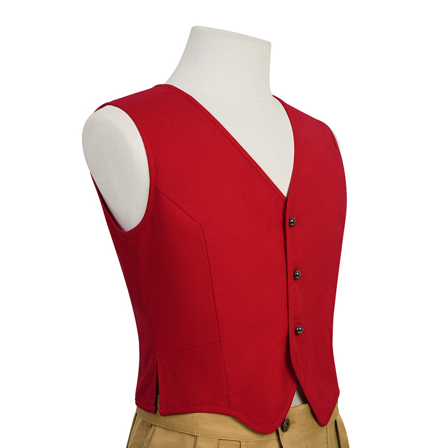 Close-up side view of the red vest from the Luffy cosplay costume showing buttons and seam detail.