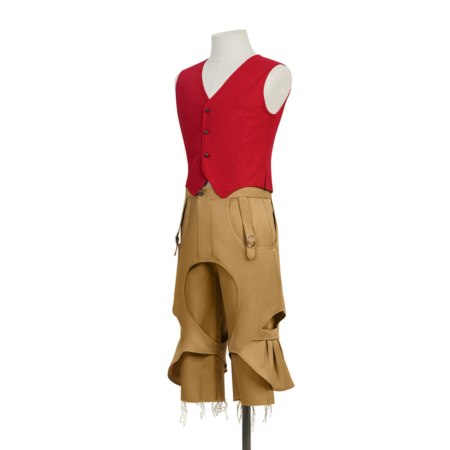 Three-quarter back view of Luffy cosplay costume with red vest and structured tan pirate pants.