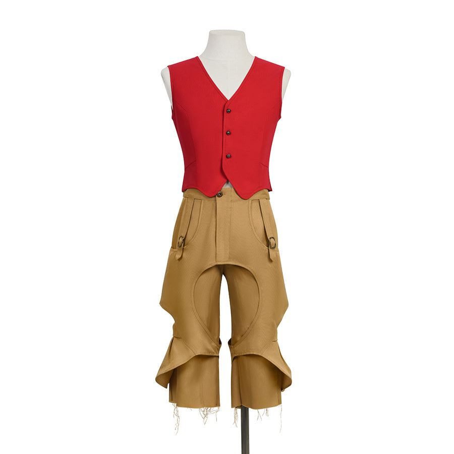 Front view of Luffy cosplay costume with red vest and tan pirate pants displayed on a mannequin.