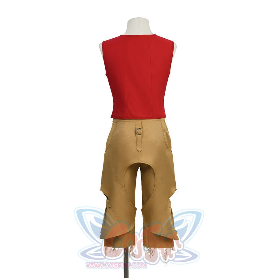 Rear view of Luffy cosplay costume showing the back of a red sleeveless vest and tan pirate pants.