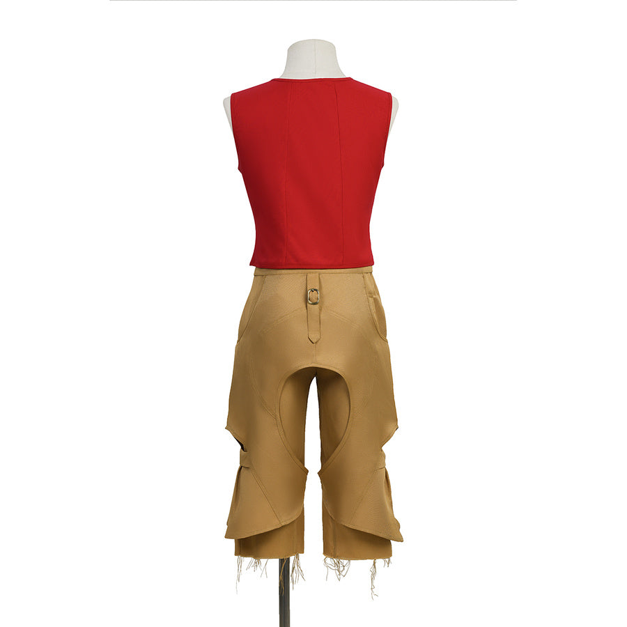 Rear view of Luffy cosplay costume showing the back of a red sleeveless vest and tan pirate pants.