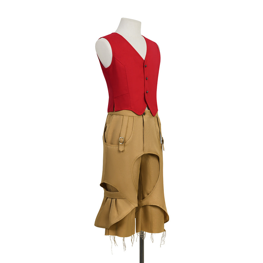 Side view of Luffy cosplay costume showing red vest and tan pirate pants with layered flared hem.