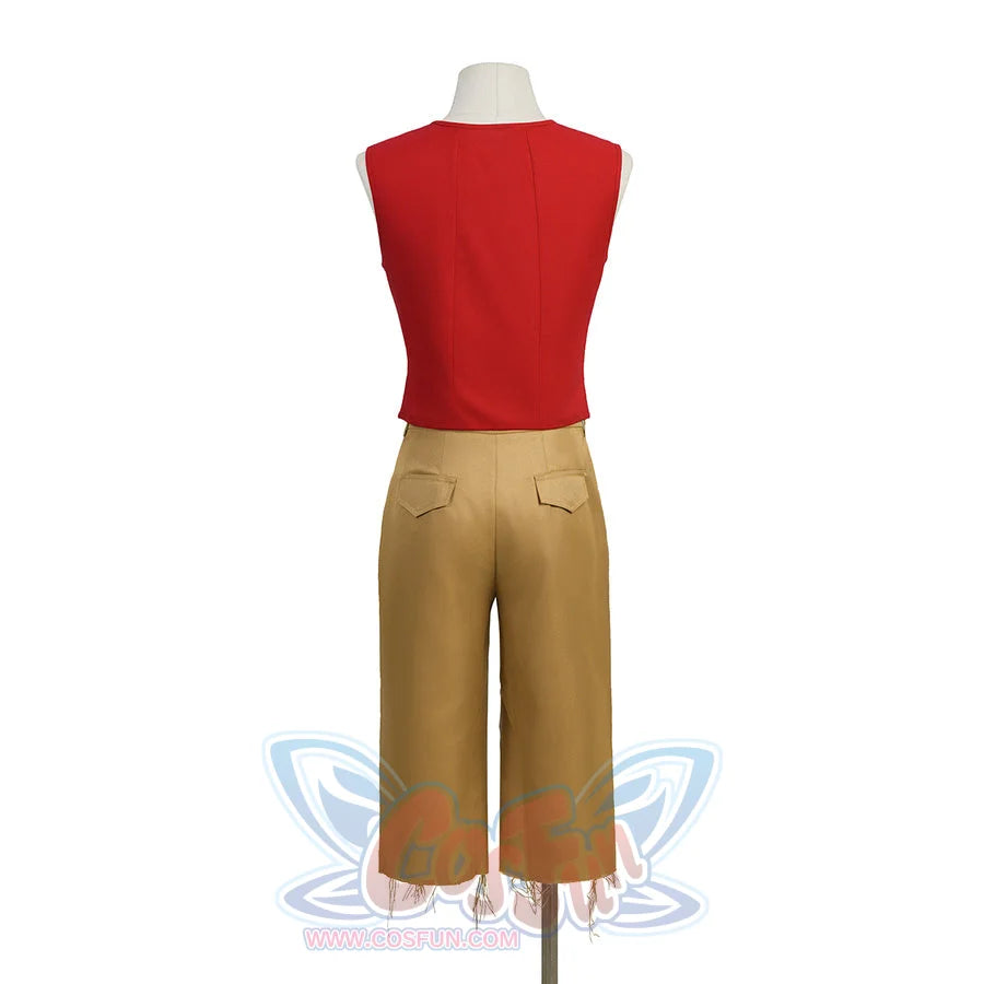 Back view of Luffy cosplay costume showing a red sleeveless vest and wide-leg tan pants.