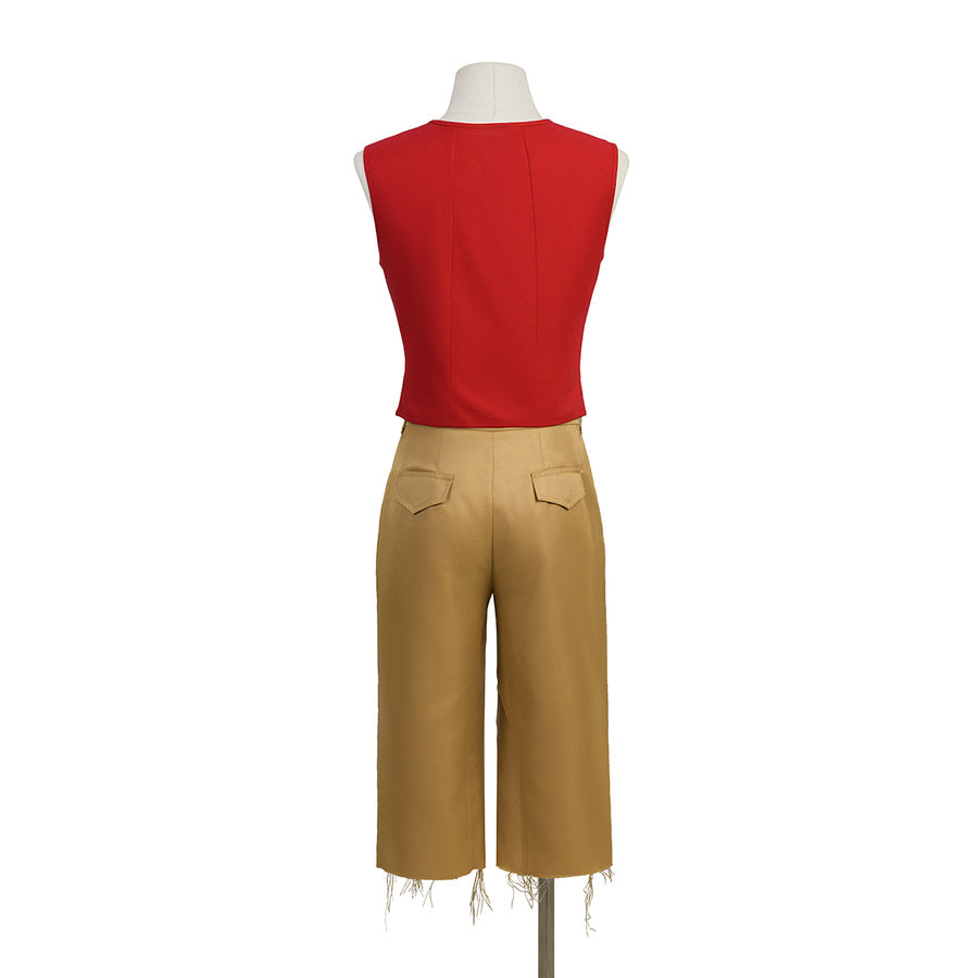 Back view of Luffy cosplay costume showing a red sleeveless vest and wide-leg tan pants.