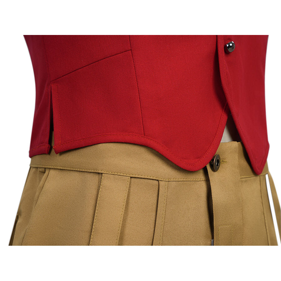 Detail shot showing the curved hem of the red vest and pleated waistband of Luffy cosplay costume.