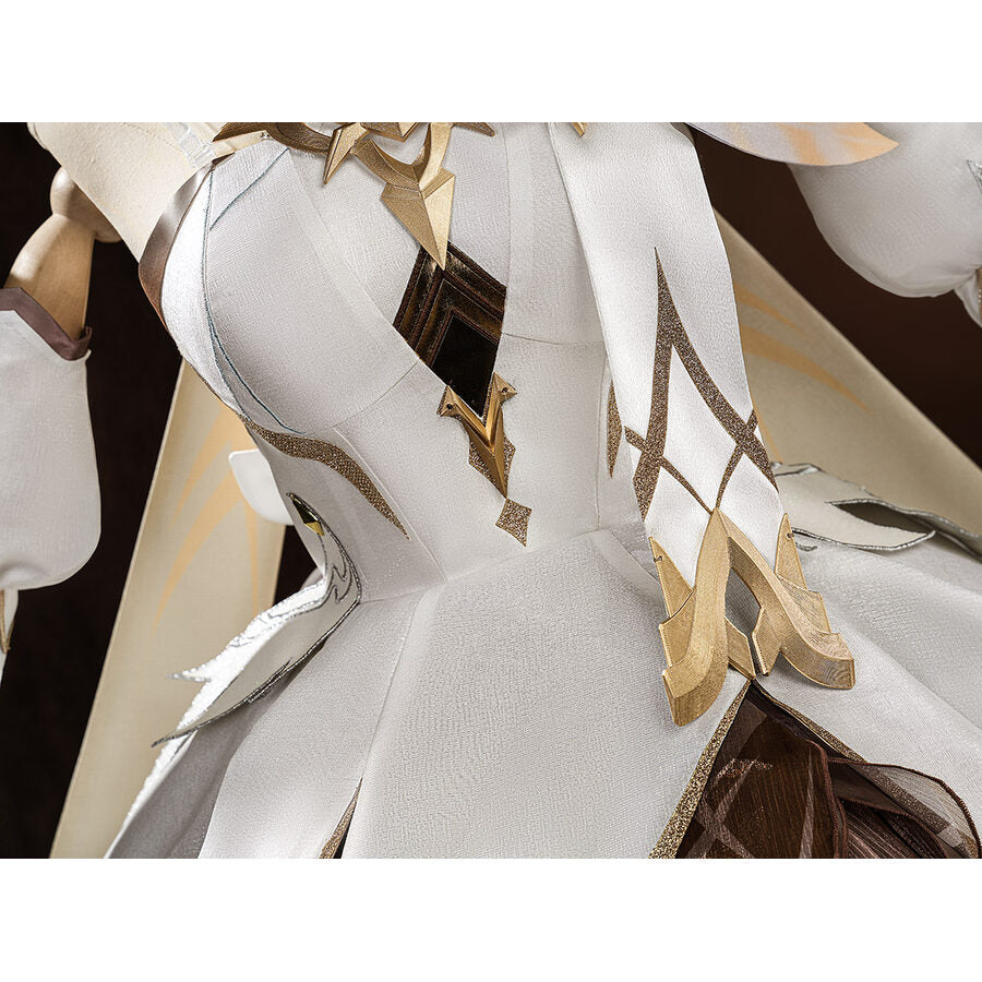 Lumine cosplay costume waist armor detail with white fabric and gold armor pieces close-up