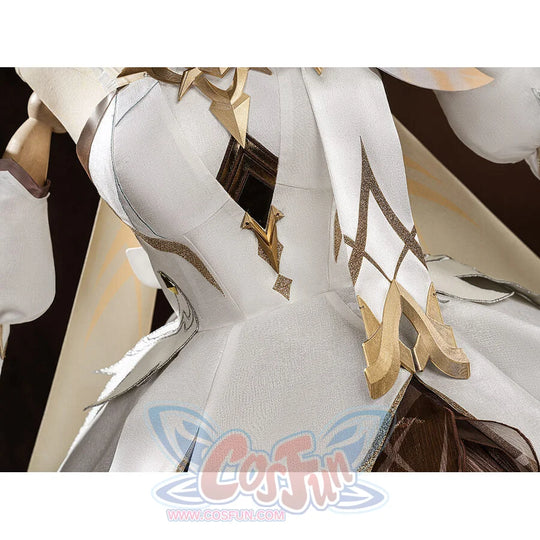 Lumine cosplay costume waist armor detail with white fabric and gold armor pieces close-up
