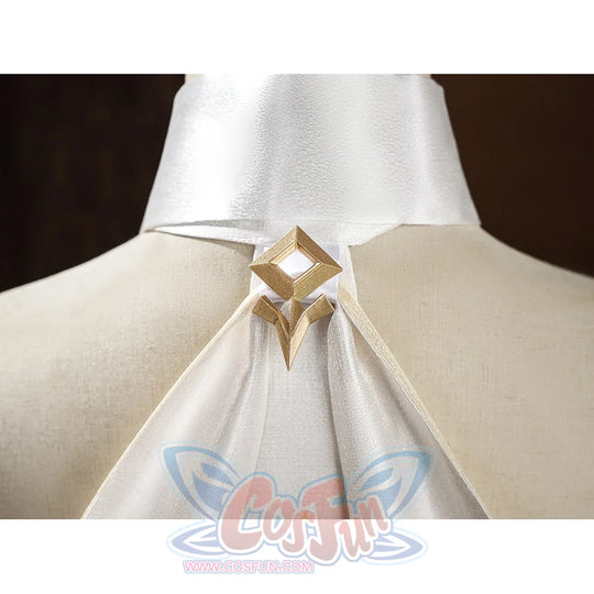 Lumine cosplay costume back collar with gold star-shaped brooch and white pearl center detail