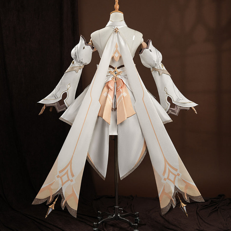 Back view of Lumine cosplay costume, white long coat with gold trim and pink bow on mannequin