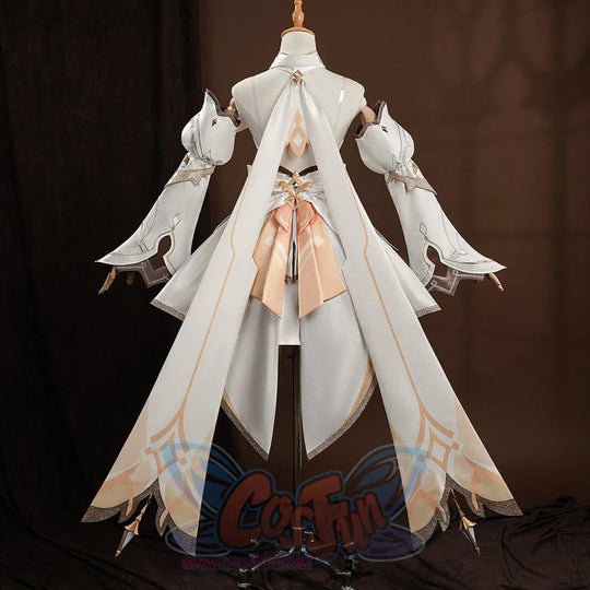 Genshin Impact Traveler Lumine cosplay top rear view pairs an ornate split gold sash over layered gold trim.