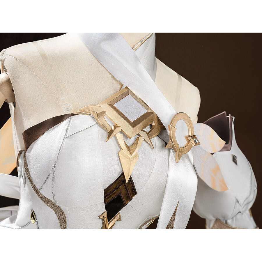 Lumine cosplay costume belt and waist accessories close-up with gold metallic buckle and white armor
