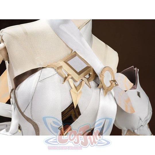 Lumine cosplay costume belt and waist accessories close-up with gold metallic buckle and white armor
