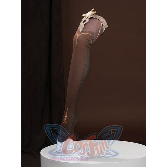 Side view of Lumine cosplay costume brown thigh-high boot with gold line accents and white bow top