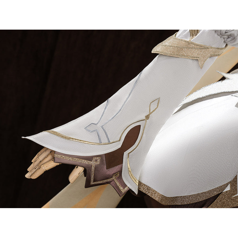 Lumine cosplay costume cape and shoulder close-up with white fabric and gold embroidery stitching