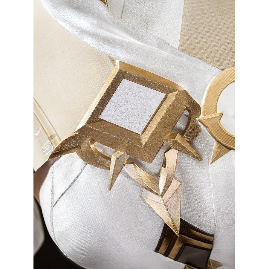 Lumine cosplay costume chest armor close-up with detailed gold geometric 3D shapes on white fabric