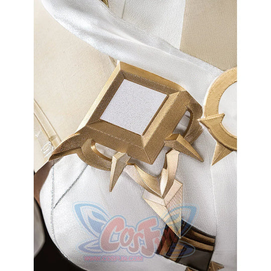 Lumine cosplay costume chest armor close-up with detailed gold geometric 3D shapes on white fabric