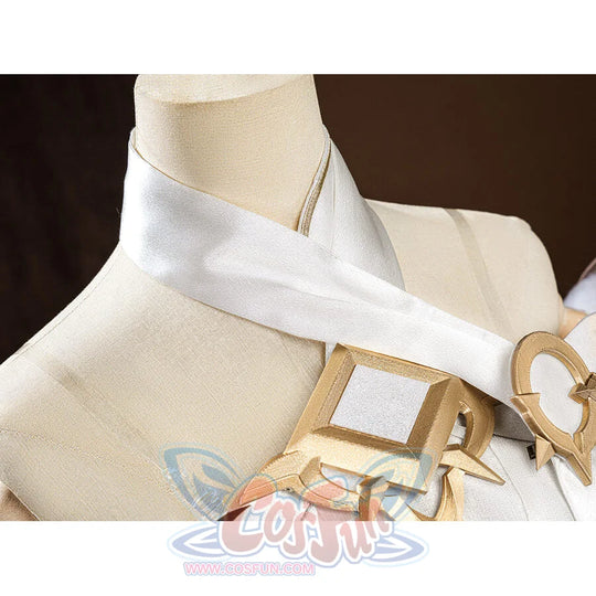 Genshin Impact Traveler Lumine cosplay neckpiece anchors large stylized gold buckles against white gold-trimmed collar.