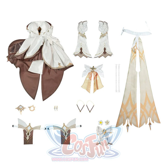 Genshin Impact Traveler Lumine cosplay full set gathers detachable sleeves, sashes, pendants, neck bow, and floral hair.