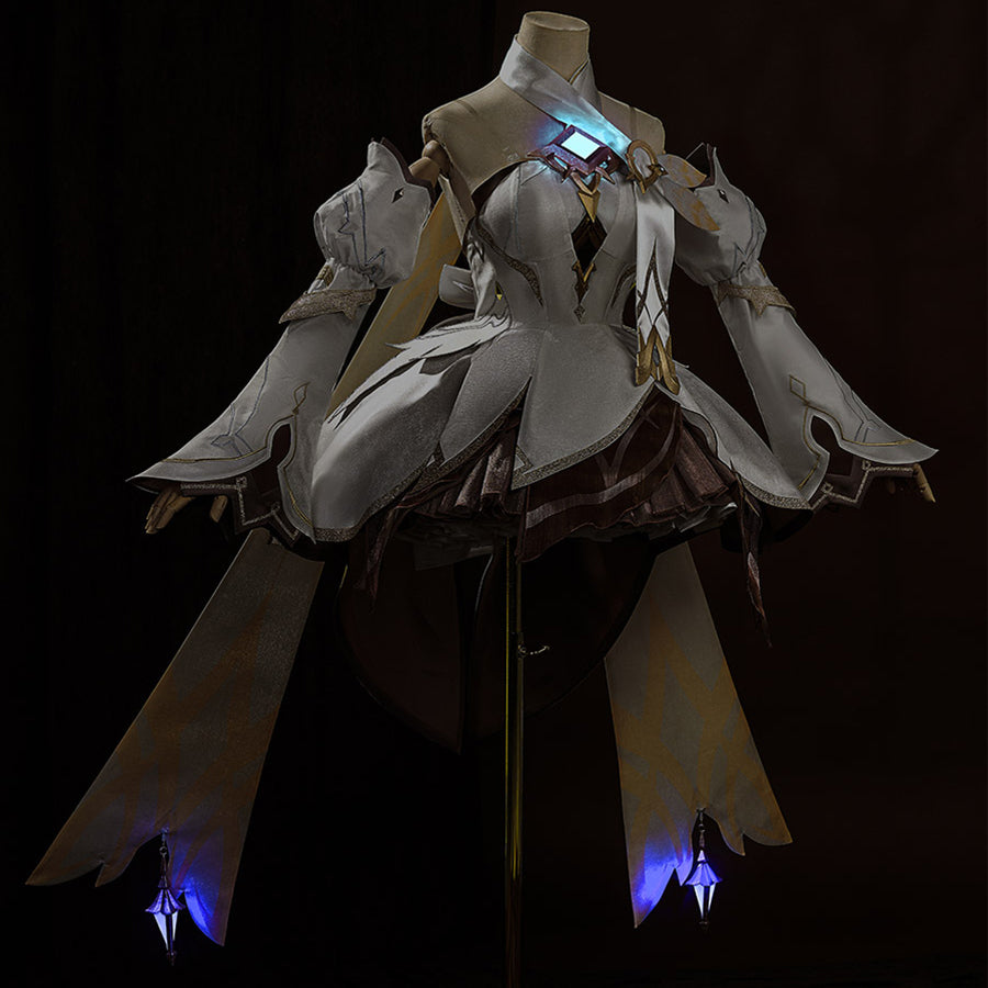 Genshin Impact Lumine cosplay costume full set on mannequin, white dress with gold trim