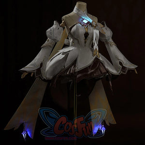 Lumine cosplay dark traveler outfit on mannequin with glowing blue light accessories