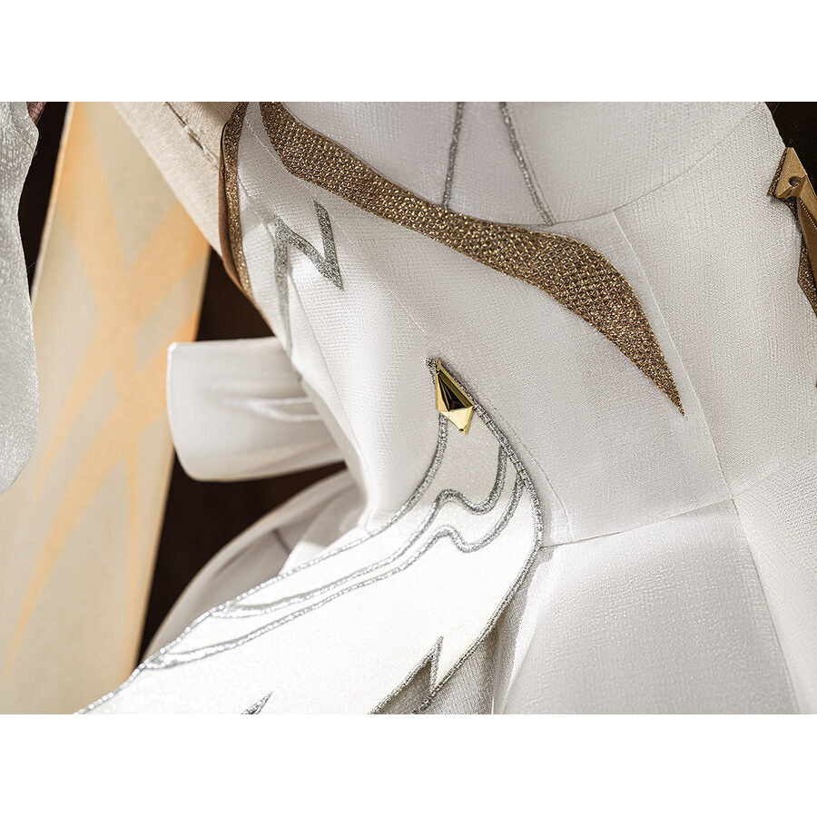 Lumine cosplay costume fabric panel with bronze glitter trim stripe, silver embroidery, and gold pin