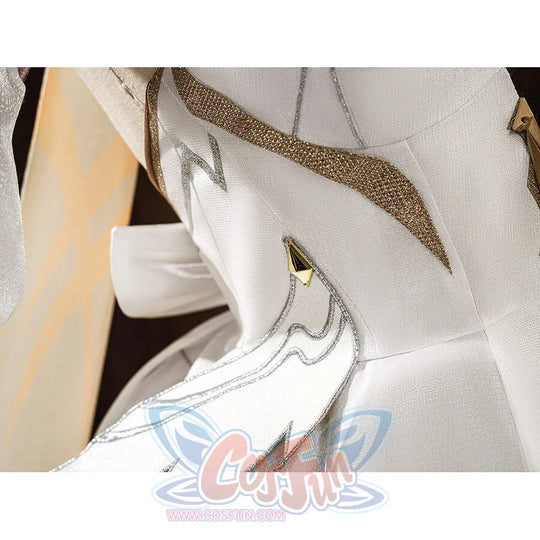 Genshin Impact Traveler Lumine cosplay dress detail sets a gold glitter panel in a detailed costume view.