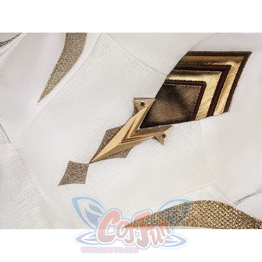 Lumine cosplay costume white fabric with gold arrow emblem and layered gold chevron embroidery detail