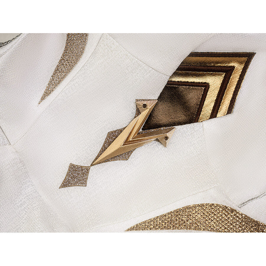 Lumine cosplay costume white fabric with gold arrow emblem and layered gold chevron embroidery detail