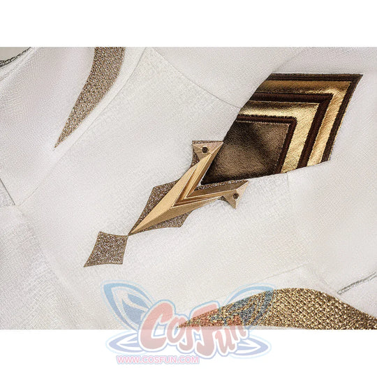 Lumine cosplay costume white fabric with gold arrow emblem and layered gold chevron embroidery detail