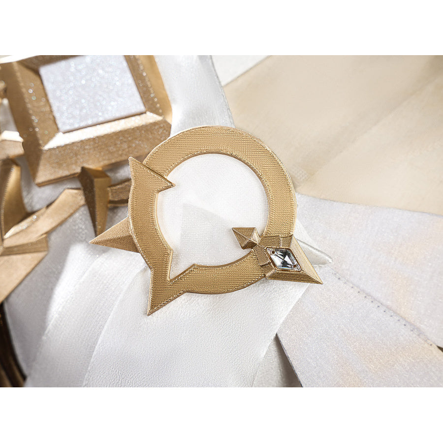 Lumine cosplay gold circular jewelry accessory with diamond gem and arrow design close-up