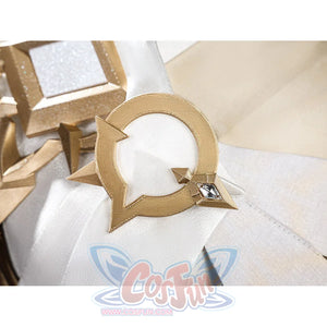 Lumine cosplay gold circular jewelry accessory with diamond gem and arrow design close-up