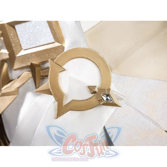 Lumine cosplay gold circular jewelry accessory with diamond gem and arrow design close-up