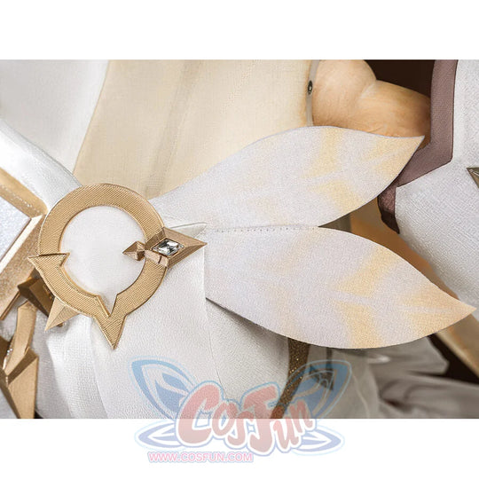 Lumine cosplay costume gold ring clasp with star center gem and white wing-shaped fabric panels