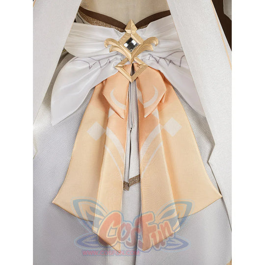 Genshin Impact Traveler Lumine cosplay waist piece centers a rhinestone gold brooch over a patterned peach sash.