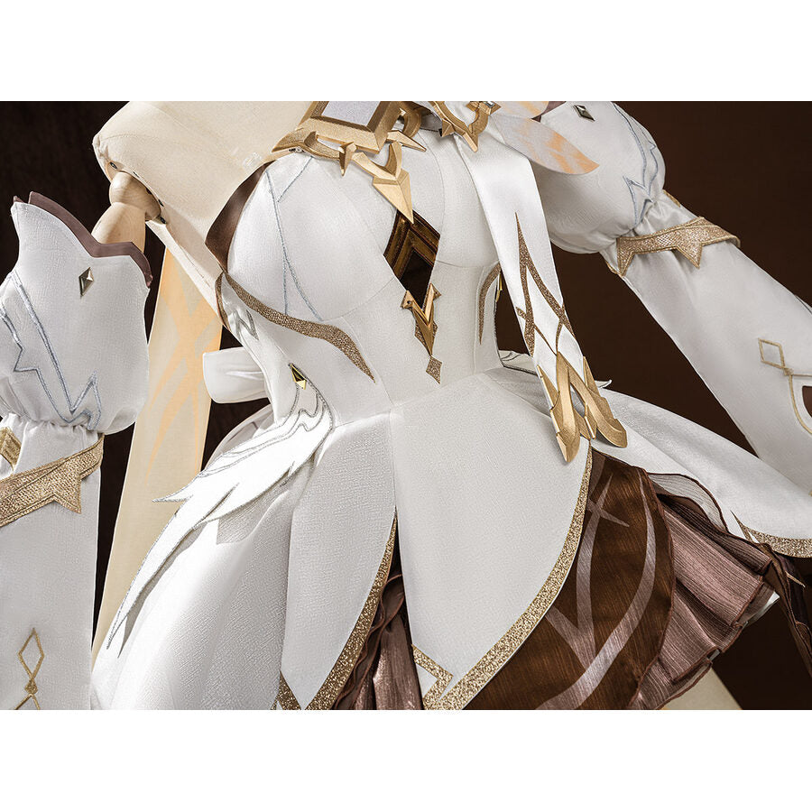 Side view of Lumine cosplay costume arm detail with white long sleeves, gold trim, and white panels