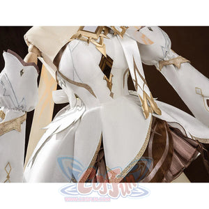 Side view of Lumine cosplay costume arm detail with white long sleeves, gold trim, and white panels