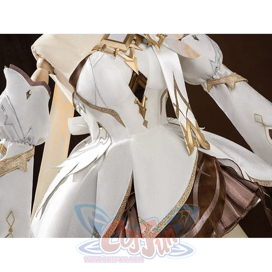 Genshin Impact Traveler Lumine cosplay dress frames paneled white bodice in a detailed costume view.