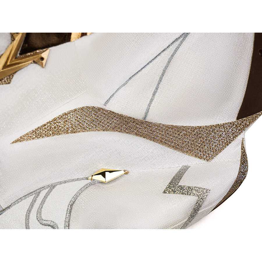 Lumine cosplay costume fabric with silver lightning embroidery, gold glitter trim, and gold arrow pin