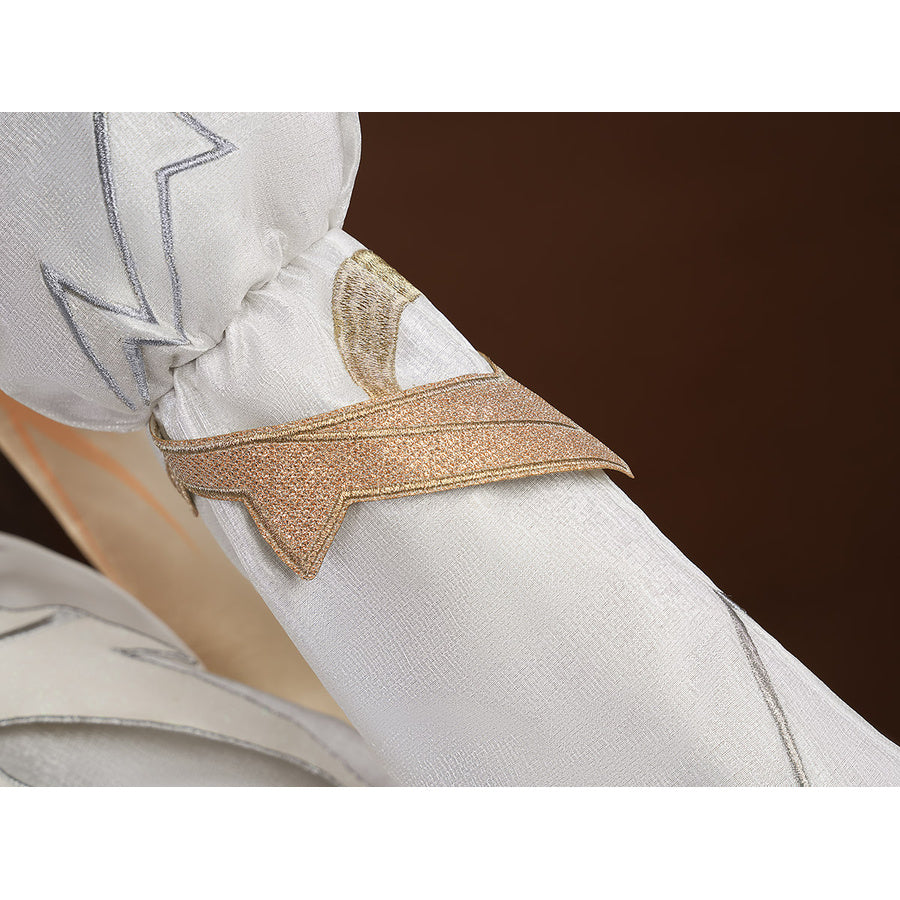 Lumine cosplay costume sleeve close-up with gold trim band and silver embroidered star pattern