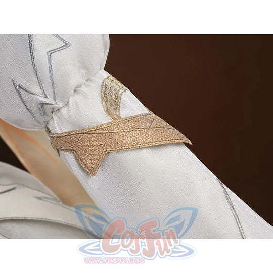 Lumine cosplay costume sleeve close-up with gold trim band and silver embroidered star pattern