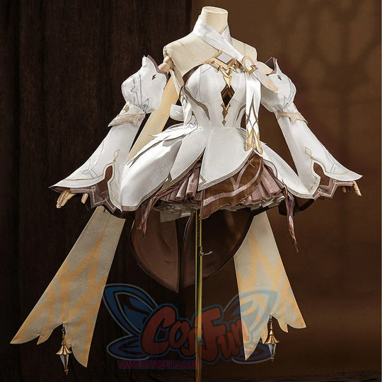 Genshin Impact Traveler Lumine cosplay set pairs voluminous bell sleeves with four pointed fabric pendants and metal tassels.