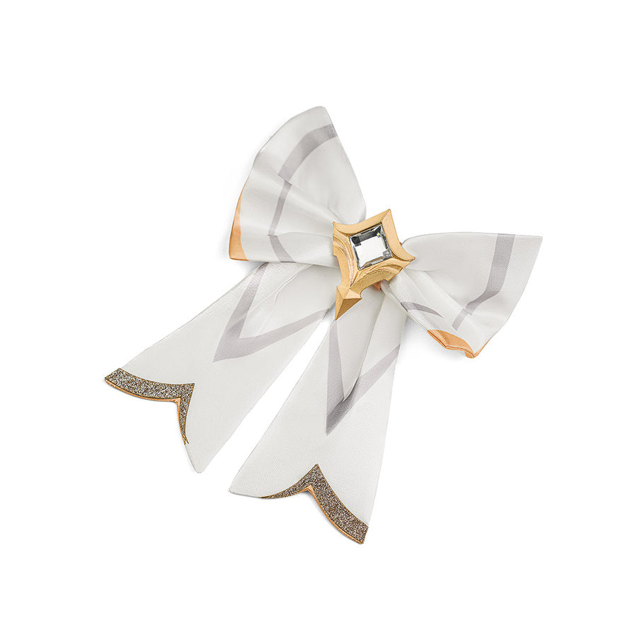 Lumine cosplay costume white bow hair accessory with gold diamond gem center and silver glitter tips