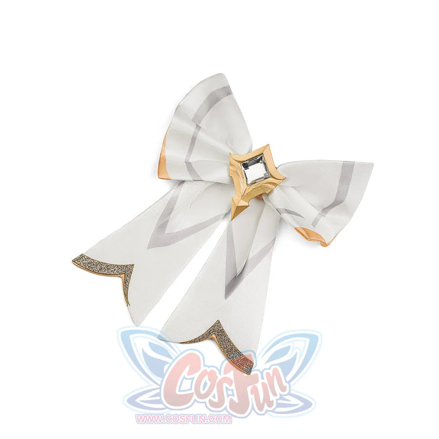 Lumine cosplay costume white bow hair accessory with gold diamond gem center and silver glitter tips