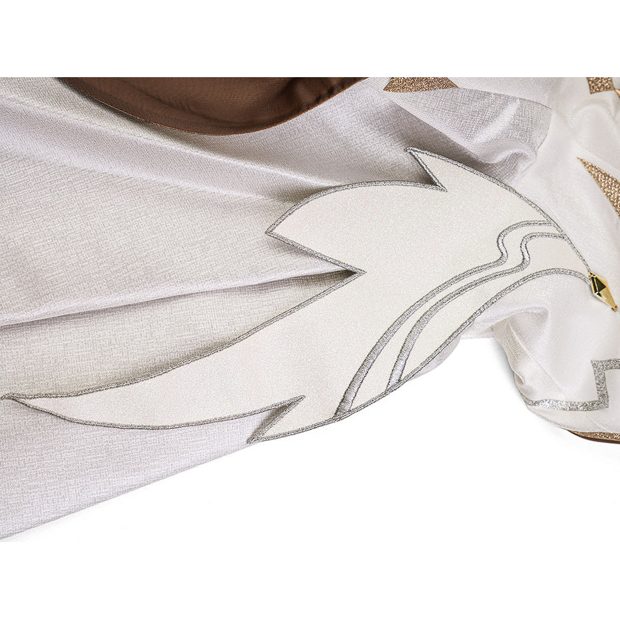 Lumine cosplay costume white cape close-up with silver wing embroidery outline and gold glitter trim