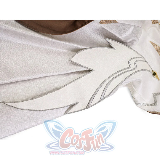 Lumine cosplay costume white cape close-up with silver wing embroidery outline and gold glitter trim
